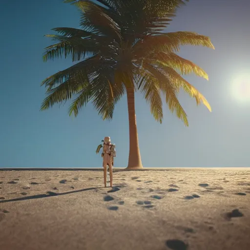 Image similar to a beautiful photo of an astronaut on the beach under a palm tree, summer sun, 1 9 7 0, soft light, morning light, photorealistic, realistic, octane, 8 k, cinematic shot