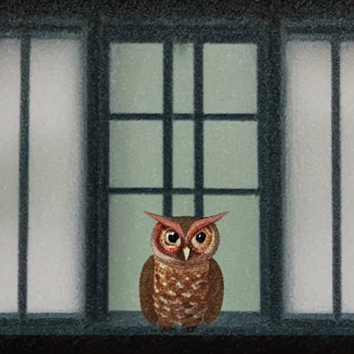 Prompt: a photo of the Duolingo owl peering into a window of a house on a dark and stormy night