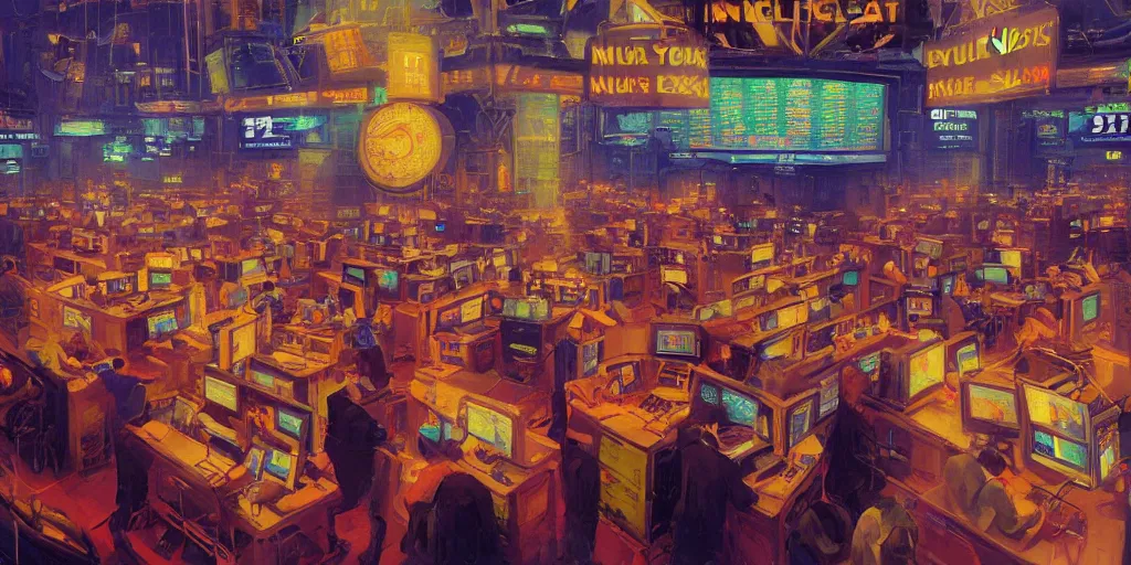 Image similar to beautiful digital painting of traders in the new york stock exchange, by paul lehr and mark kolobaev, science fiction, mix of styles, highly detailed, intricate, studio ghibli color scheme, masterpiece