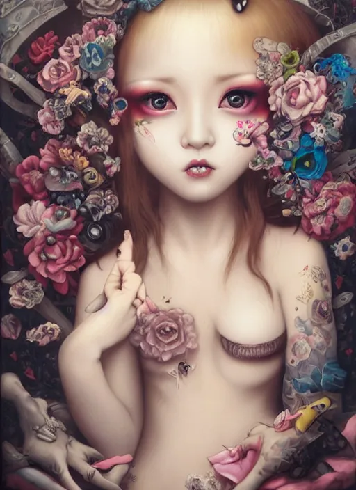 Prompt: pop surrealism, lowbrow art, realistic cute japanese girl wearing bikini painting, japanese street fashion, hyper realism, muted colours, rococo, natalie shau, loreta lux, tom bagshaw, mark ryden, trevor brown style,