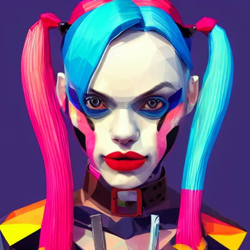 Image similar to digital art, low poly 3d render of Harley Quinn but she's a beautiful ape kid with long pony tails on either side of her head, illustration, by James Jean, artgerm, octane render, by John Coltrane and Marc Simonetti, Manic, graffiti, kinemacolor, colorful, high detail of the face