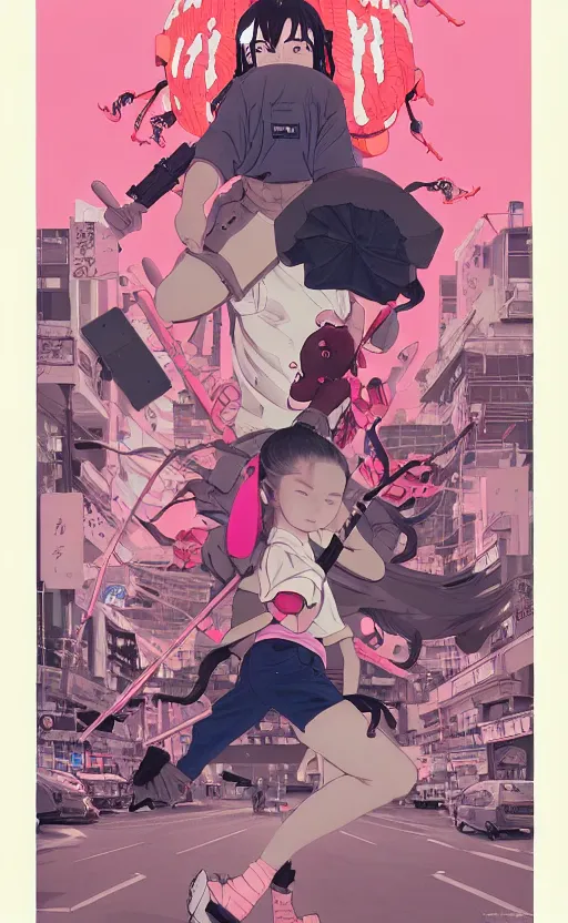 Prompt: Artwork by James Jean, Phil noto and hiyao Miyazaki ; a young Japanese future samurai police girl named Yoshimi battles an enormous looming evil natured carnivorous pink robot on the streets of Tokyo; Japanese shops and neon signage; crowds of people running; Art work by hiyao Miyazaki, Phil noto and James Jean