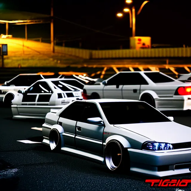 Prompt: a car JZX90 twin turbo drift at illegal car meet, Tochigi prefecture, city midnight mist lights, cinematic lighting, photorealistic, highly detailed wheels, high detail