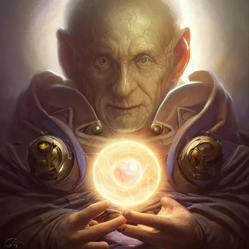 Image similar to the creator of worlds wearing a cloak and holding a holographic planet projection in his hand, detailed, sci - fi, digital painting, artstation, sharp focus, illustration, ominous, artgerm, tomasz alen kopera, peter mohrbacher, donato giancola, joseph christian leyendecker, wlop, frank frazetta