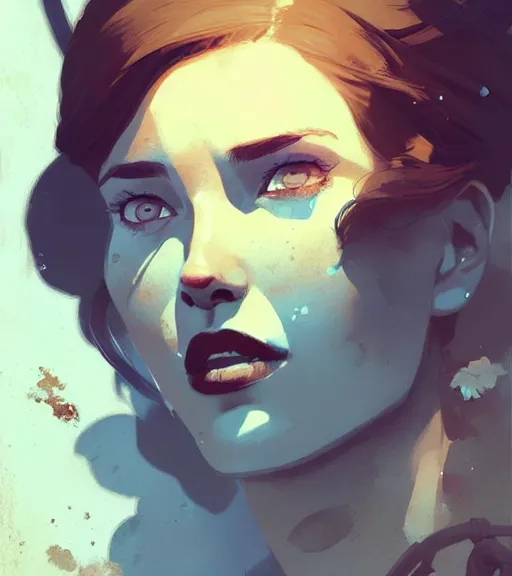 Image similar to portrait of nathan drake savinga beautiful woman by atey ghailan, by greg rutkowski, by greg tocchini, by james gilleard, by joe fenton, by kaethe butcher, dynamic lighting, gradient light blue, brown, blonde cream and white color scheme, grunge aesthetic