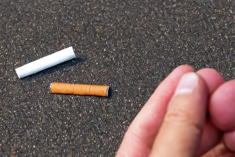 Prompt: Close-up of cigarette in five fingers, thin soft hand holding cigarette, hyper realistic, natural