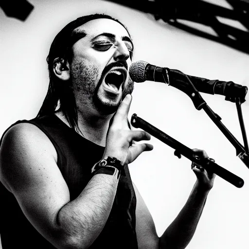 Image similar to black and white photographic portrait of daron malakian singing