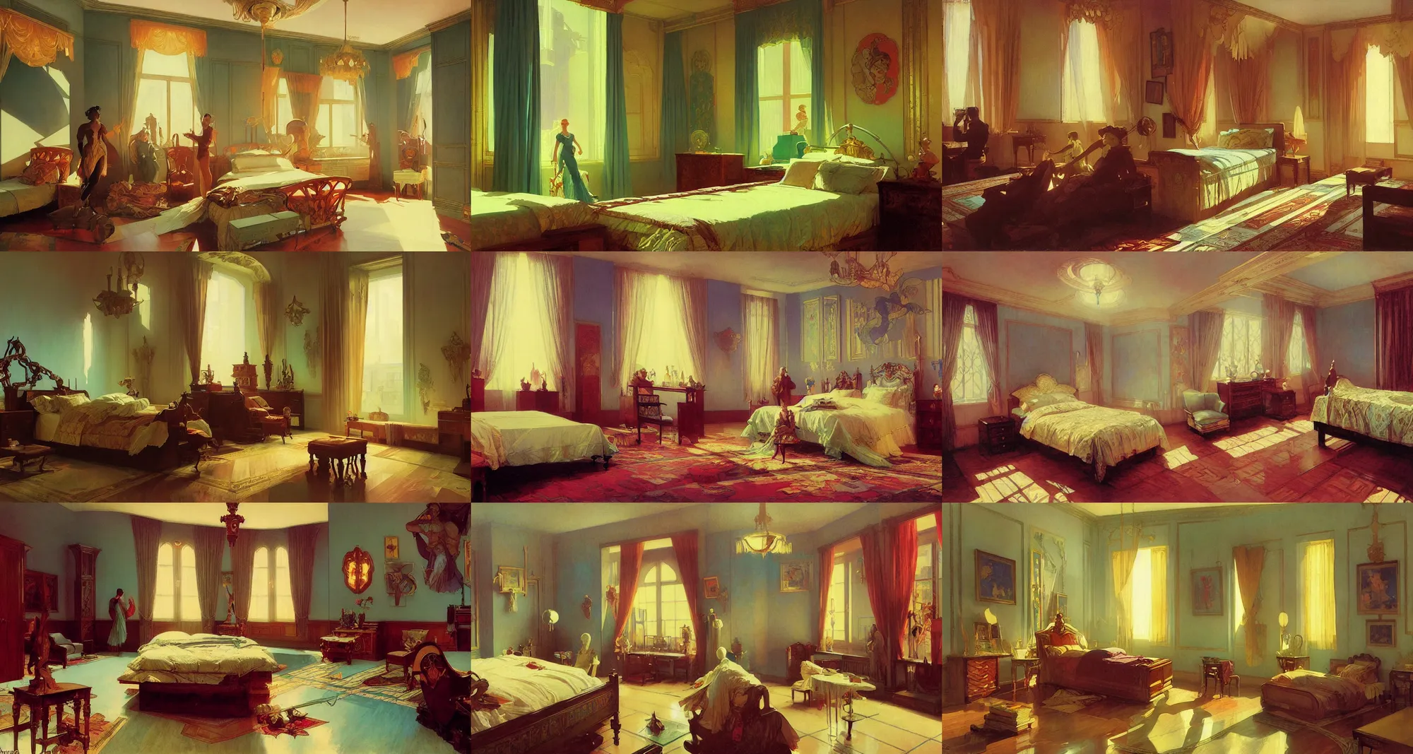 Prompt: bedroom, art deco architecture, art by joseph leyendecker, ivan aivazovsky, ruan jia, reza afshar, marc simonetti, alphonse mucha