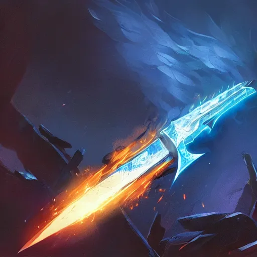 Image similar to showcase of a fantasy greatsword glowing with blue magical power, art by greg rutkowski