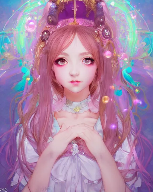 Image similar to portrait of magical lolita girl, dreamy and ethereal, expressive pose, big pink eyes, exciting expression, fantasy, intricate, elegant, many rainbow bubbles, rose tones, highly detailed, anime, artstation, concept art, cyberpunk wearing, smooth, sharp focus, illustration, art by artgerm and greg rutkowskiand alphonse mucha