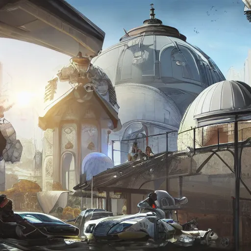 Prompt: clean white dome in a pleasant urban setting surrounded by families, in style of apex legends, art station, ultra hd, soft light, overhead sun, ultra hd, art station