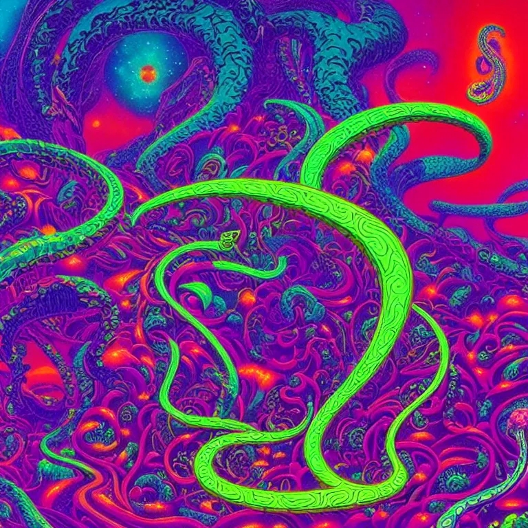 Prompt: cosmic serpent, infinite fractal worlds, bright neon colors, highly detailed, cinematic, eyvind earle, tim white, philippe druillet, roger dean, lisa frank, aubrey beardsley, hiroo isono