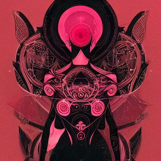 Image similar to rebound, pink maroon and black, detailed linework, cinematic, psychedelic, black paper, ornate, symmetrical, tarot card, highly detailed, ink illustration, style of peter mohrbacher, golden ratio, 8k,