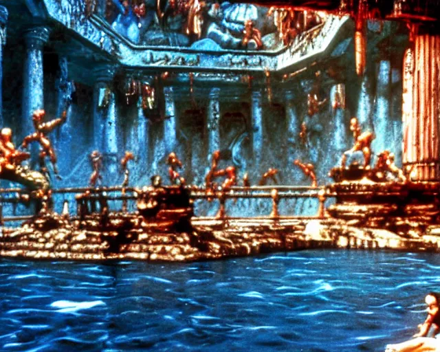 Prompt: a still of a photo real life empty Ken's stage from Street Fighter II in the movie Waterworld (1995), HDR, high quality, 8k, highly detailed and intricate,