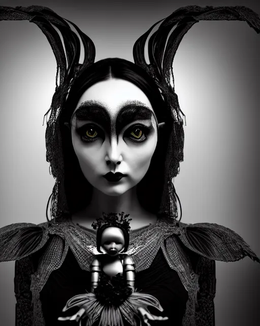 Image similar to surreal mythical dreamy dark artistic black and white fine art 3 / 4 fashion portrait photo of a young beautiful delicate female robot - witch - owl with orchid - doll face, rim light, cinematic, studio dramatic light, poetic, masterpiece, octane render, 8 k, photo - realistic by gustave dore hg giger