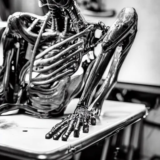 Image similar to black and white alien body autopsy on a metal table, highly detailed, sharp focus, low lights, ultra realistic