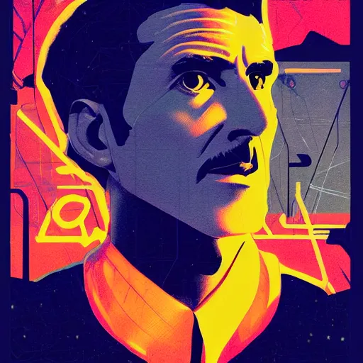 Image similar to glorious futuristic visionary inventor nikola tesla profile picture by sachin teng, c 2 1 5 and artgerm, masterpiece, organic painting, matte painting, technical geometrical drawing shapes, lightning electricity coil, hard edges, graffiti, street art by sachin teng and c 2 1 5