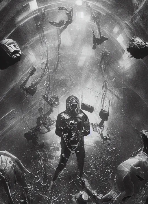 Image similar to astronauts in dark minimalists underwater pool - hyperdetailed suit. reflection and dispersion materials. rays and dispersion of light. volumetric light. 5 0 mm, f / 3 2. noise film photo. flash photography. ultra realistic, wide angle. poster by wayne barlowe, hajime sorayama aaron horkey, craig mullins. dark key.