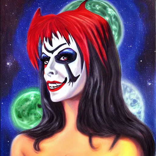 Image similar to Elvira as a cosmic super villain, dark oil painting by crypt keeper