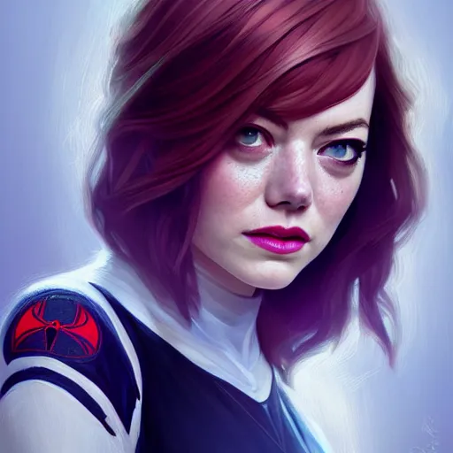 Image similar to beautiful Emma Stone as Spider-Gwen, western, closeup, D&D, fantasy, intricate, elegant, highly detailed, digital painting, artstation, concept art, matte, sharp focus, illustration, art by Artgerm and Greg Rutkowski and Alphonse Mucha