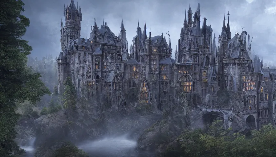 Image similar to Huge Neo-Gothic castle with bridges build in the forest, hyperdetailed, artstation, cgsociety, 8k