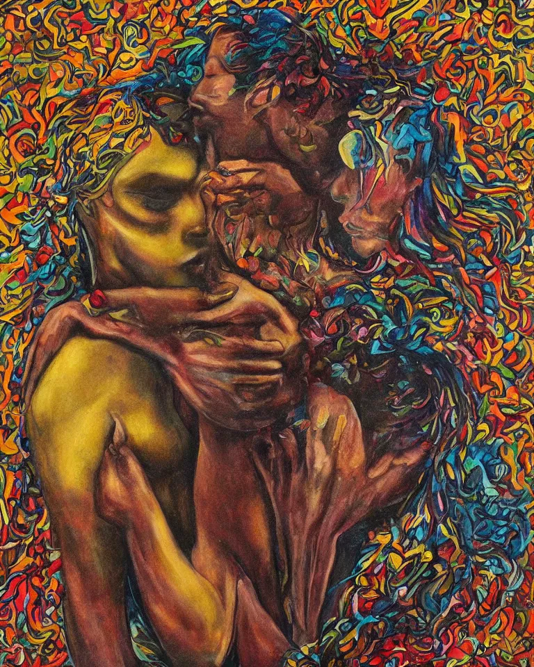 Image similar to visionary artwork about the power of love and soul bonding between two humans