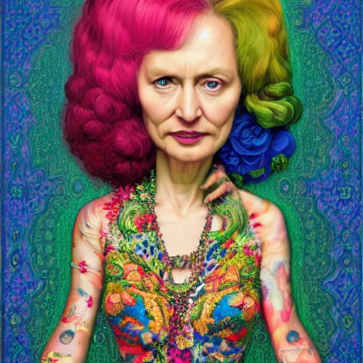 Prompt: a portrait of a stunningly beautiful middle - aged woman in highly detailed gucci dress ( no gucci logo ) bright colors ultra realistic digital painting, holographic undertones, highly saturated colors, rococo, japonisme, artstation, concept art, pop, smooth, sharp focus, illustration, art by mark ryden klimt, lisa frank