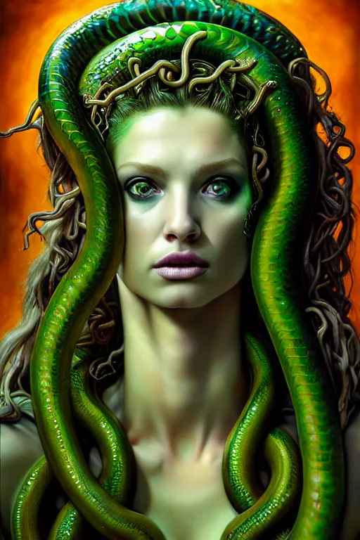 Image similar to hyperrealistic mixed media painting of beautiful Medusa, green scaley serpents in her hair, pale skin, serious evil expression, full body, stunning 3d render inspired art by P. Craig Russell and Barry Windsor-Smith + perfect facial symmetry + dim volumetric lighting, 8k octane beautifully detailed render, post-processing, extremely hyperdetailed, intricate, epic composition, grim yet sparkling atmosphere, cinematic lighting + masterpiece, trending on artstation, very very detailed, masterpiece, stunning