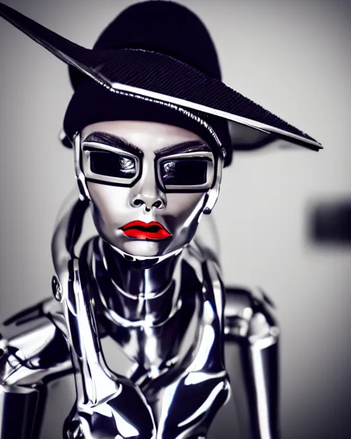 Image similar to high quality presentation photo of cara delevigne as a retro robot, photography 4k, f1.8 anamorphic, bokeh, 4k, Canon, Nikon