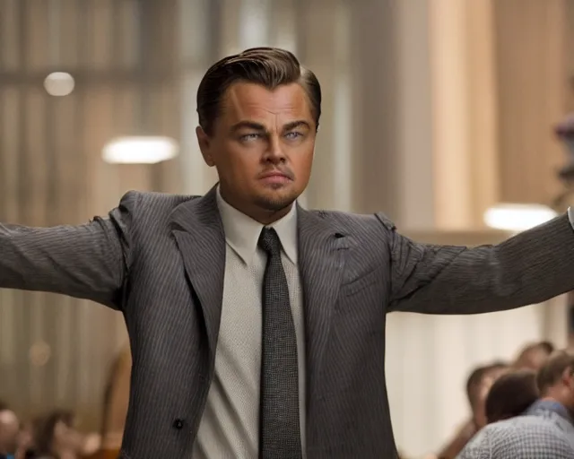 Prompt: leonardo dicaprio as the wolf of wall street, cinamtic, long shot, hyper detailed, highly detailed face, 8 5 mm photograph, 8 k resolution, film still, sharp lens, wide lens