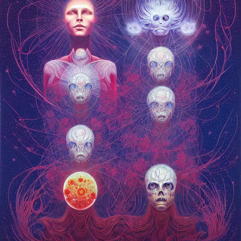 Prompt: stars of spirit, by peter rohrabacher annatto finnstark : flowers of purity, future heaven plants by leiko ikemura, and ilya kuvshinov | sparkling atom fractules of skulls and mechs deep under the spine cords, by alex grey and hr giger