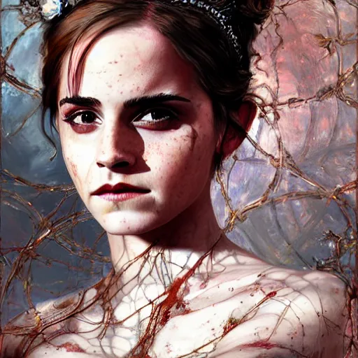 Image similar to emma watson expressive oil painting, of helena bonham carter mixed with sophia lauren, bumpy mottled skin full of blood and scars, ornate headpiece made from crystals, cables and wires, body horror, by yoshitaka amano, by greg rutkowski, by jeremyg lipkinng, by artgerm, digital art, octane render