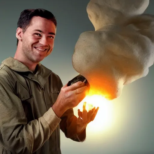 Prompt: a dead body, a man standing next to it smiling and holding a mini nuclear bomb, hyper realistic, very detailed.