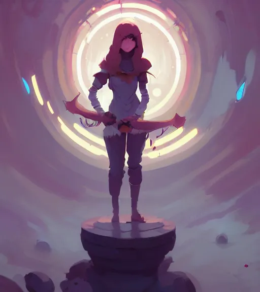 Image similar to portrait of a female mage, d & d, fantasy, standing near a portal by atey ghailan, by greg rutkowski, by greg tocchini, by james gilleard, by joe fenton, by kaethe butcher, dynamic lighting, gradient light blue, brown, blonde cream and white color scheme, grunge aesthetic