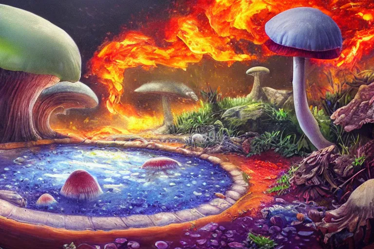 Image similar to highly detailed oil painting of a dinosaur ( ( mushroom ) ) in a steaming colorful hotspring, featured on artstation