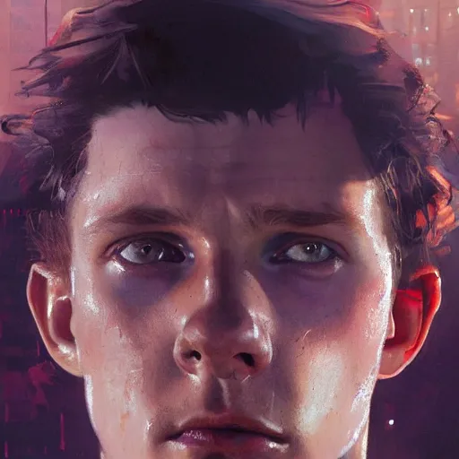 Image similar to tom holland, hyperrealistic portrait, bladerunner street, art of elysium by jeremy mann and alphonse mucha, fantasy art, photo realistic, dynamic lighting, artstation, poster, volumetric lighting, very detailed face, 4 k, award winning