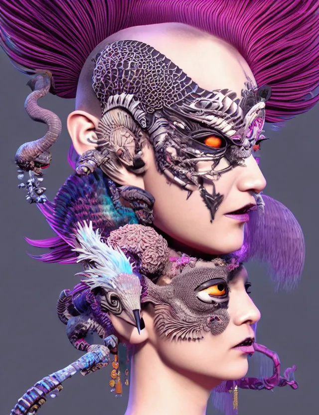 Image similar to 3 d goddess close - up profile portrait punk with mohawk with ram skull. beautiful intricately detailed japanese crow kitsune mask and clasical japanese kimono. betta fish, jellyfish phoenix, bio luminescent, plasma, ice, water, wind, creature, artwork by tooth wu and wlop and beeple and greg rutkowski