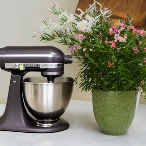 Prompt: a kitchenaid mixer, mixing branches, flowers, and plants