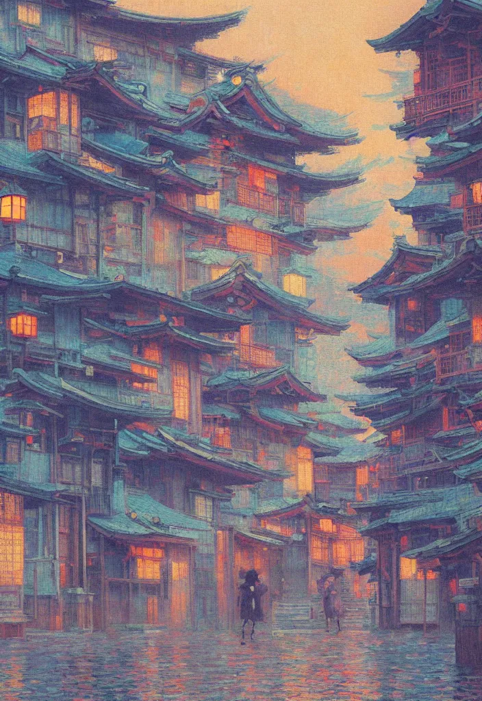 Image similar to a beautiful japanese city near the sea, amazing ryokans and gorgeous edo era houses, epic cyberpunk, lofi vibe, colorful, vivide colors, oil painting in impressionist style, by jeremy lipkin, by claude monet, by makoto shinkai, multiple brush strokes, inspired by ghibli, masterpiece, beautiful