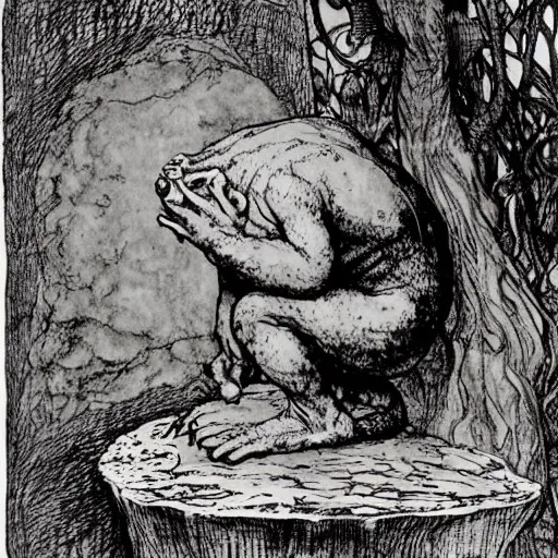 Image similar to toad philosopher toad in a pose The Thinker, swamp, by Auguste Rodin, illustrations by irish fairy tales james stephens arthur rackham, fairy tale illustrations,