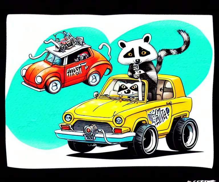 Image similar to cute and funny, racoon driving a tiny hot rod with an oversized engine, ratfink style by ed roth, centered award winning watercolor pen illustration, isometric illustration by chihiro iwasaki, edited by craola, tiny details by artgerm and watercolor girl, symmetrically isometrically centered