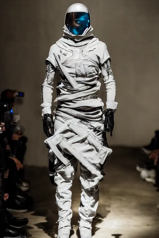 Image similar to avant garde techwear look and clothes, we can see them from feet to head, highly detailed and intricate, hypermaximalist, pastel colors, futuristic, luxury, Rick Owens, Errolson Hugh, Yohji Yamamoto, Y3, ACRNYM, cinematic outfit photo