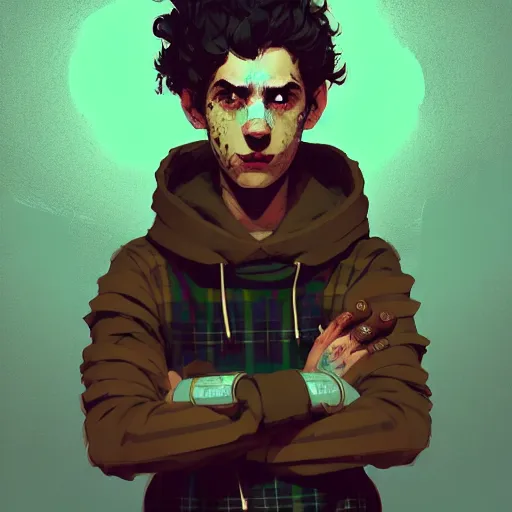 Prompt: highly detailed portrait of a sewer punk guy worker, thirties, black hair, brown eyes, tartan hoody, short curly hair by atey ghailan, by greg rutkowski, by greg tocchini, by james gilleard, by joe fenton, by kaethe butcher, gradient blue, brown, light blue and white color scheme,