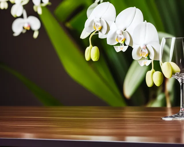 Prompt: 5 5 mm photo of wine - glass on a zen minimalist table with white orchids and houseplants in the background. highly detailed 8 k. intricate. lifelike. soft light. nikon d 8 5 0.