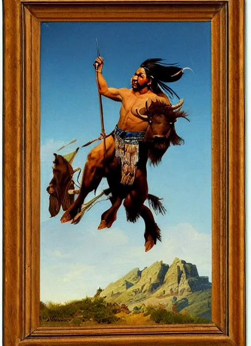 Image similar to native american riding bison, buffalo, native american warrior, mountain range, beautiful sky, standing on the edge of a cliff, 1 9 th century, painted by frazetta