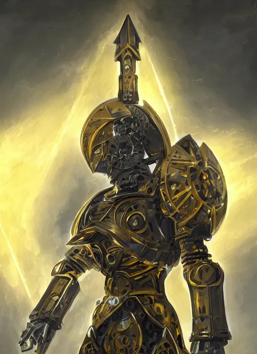 Image similar to dynamic attack position abstract portrait of a intricate glorious holy mechanical warforged character in yellow armor holding a paladin engraved great longsword drawn and carrying a big paladin shield, beam projector when eye is, face in focus, epic , trending on ArtStation, masterpiece, cinematic lighting, by Ross Tran and by Greg Rutkowski