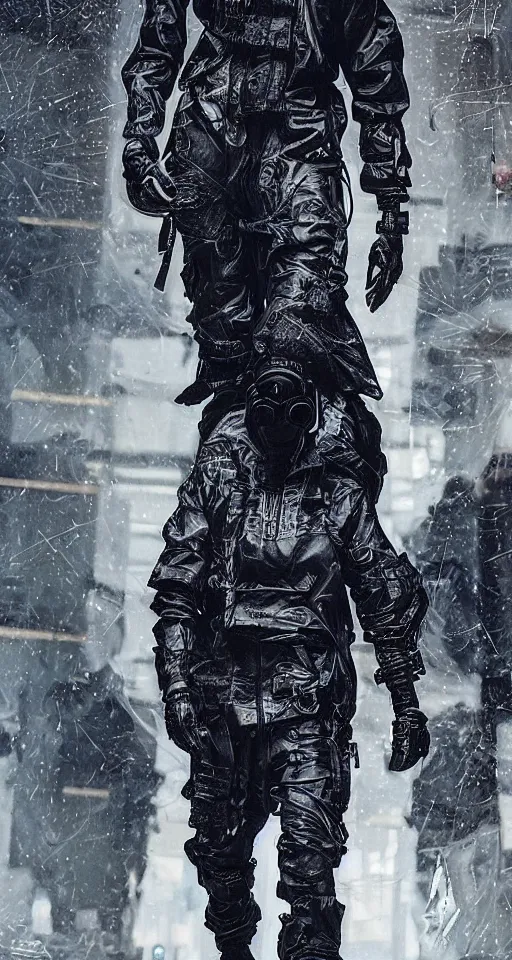 Image similar to cyberpunk techwear streetwear look and clothes, we can see them from feet to head, highly detailed and intricate, beautiful bright colors, hypermaximalist, futuristic, cyberpunk setting, luxury, elite, cinematic, techwear fashion, Errolson Hugh, Sacai, Nike ACG, Yohji Yamamoto, Y3, ACRNYM, outfit photo