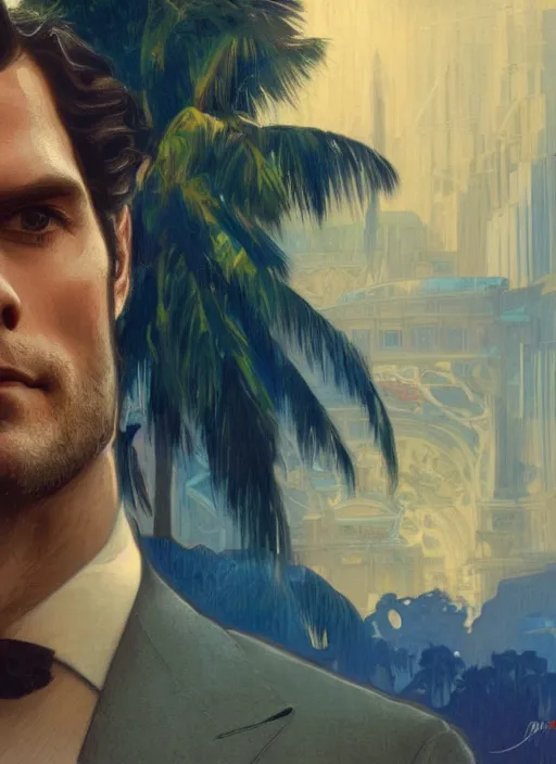 Image similar to portrait of henry cavill as james bond, casino, key art, sprinting, palm trees, woman in background, highly detailed, digital painting, artstation, concept art, cinematic lighting, sharp focus, illustration, by gaston bussiere alphonse mucha