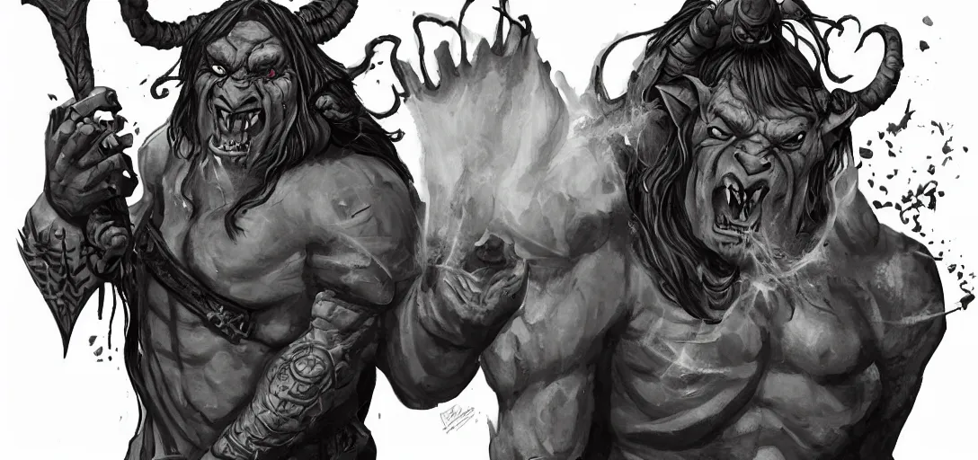 Prompt: 'stylized D&D wizard Orc, Dirty brute Orc with tattoo, casting a spell to create eerie white lighting'
