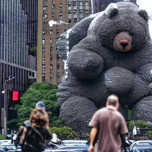 Prompt: a giant teddy bear like Godzilla is destructing crashing buildings in New York